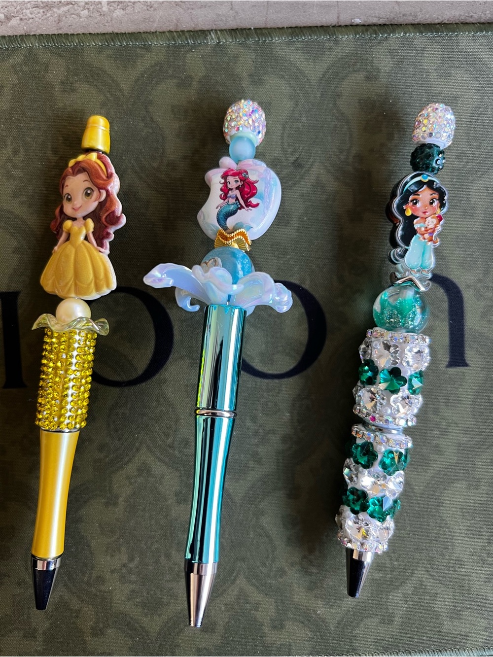 3x pens Princess Decorative Ballpoint Pen set Yellow, Teal, Green novelty